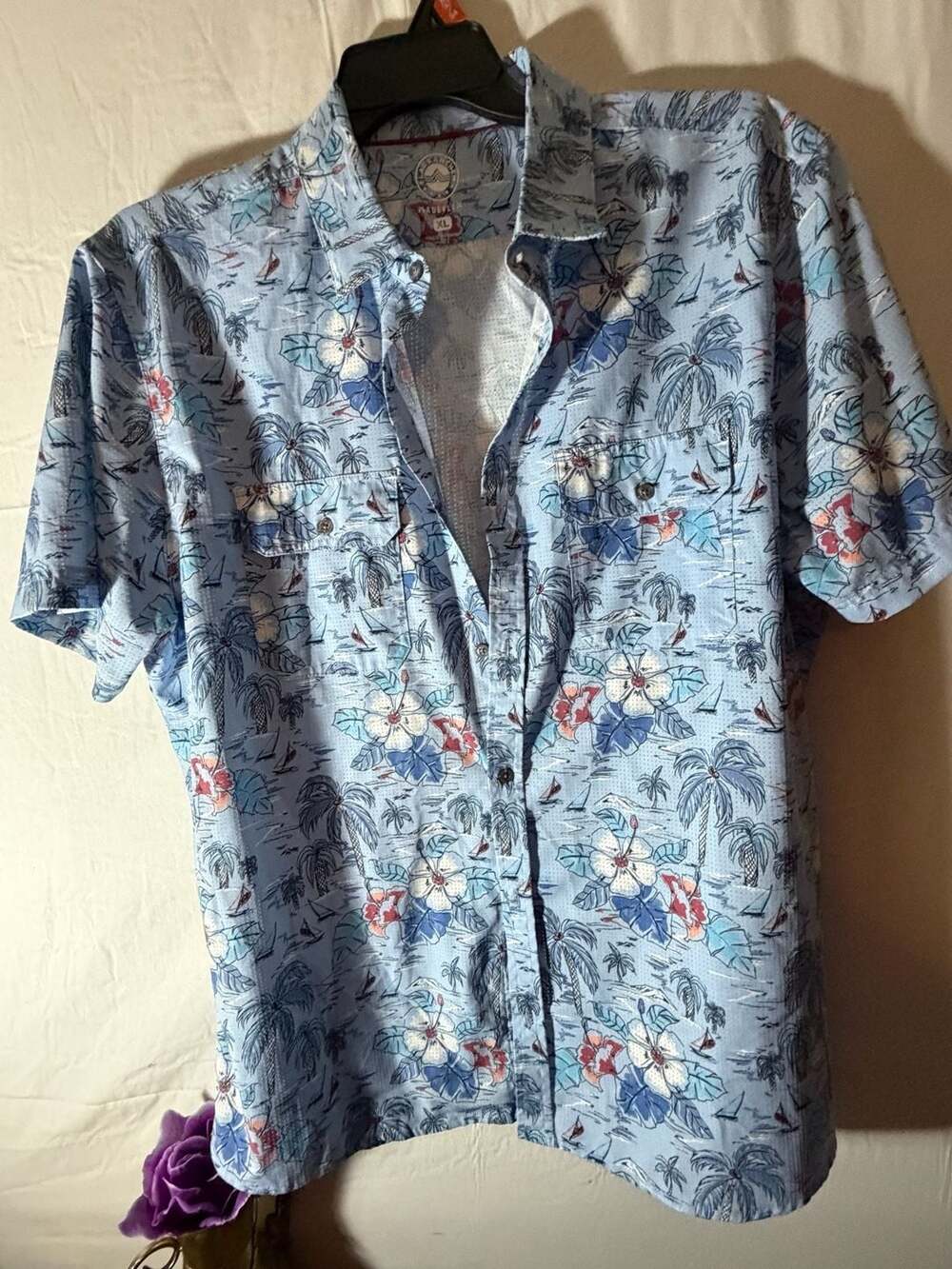 Flag & Anthem Madeflex Men's XL Blue Tropical Palm Tree Floral Short Sleeve Butt
